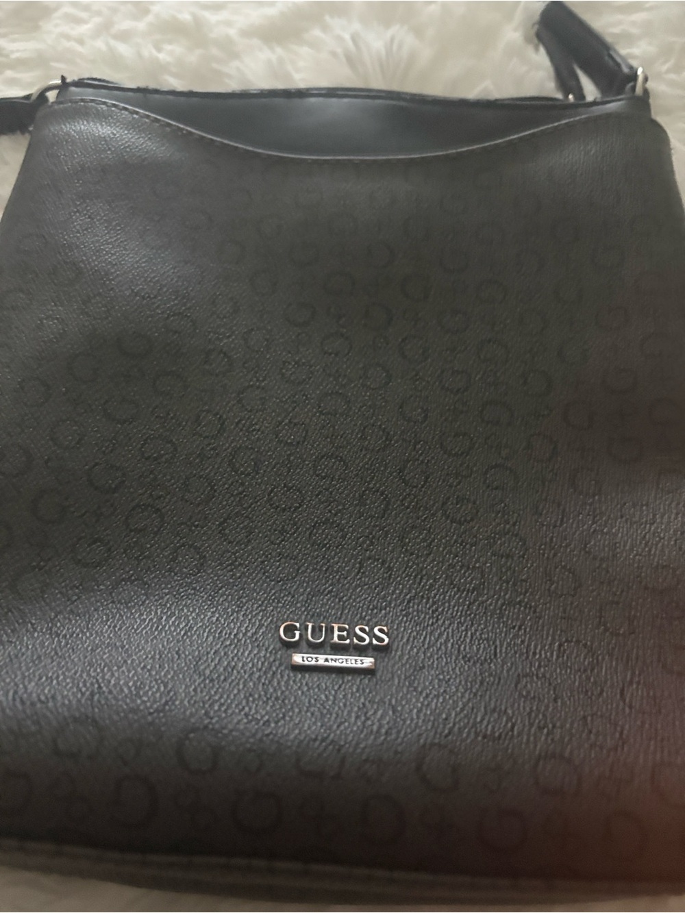 GUESS Black Logo-Print Messenger Bag with Silver Logo Plaque